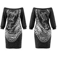 Hawaiian Turtle and Shark Couples Matching Off The Shoulder Long Sleeve Dress and Hawaiian Shirt Kakau Tribal with Polynesian Pattern Black Color LT03 - Polynesian Pride