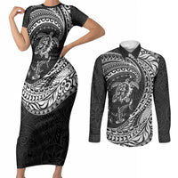 Hawaiian Turtle and Shark Couples Matching Short Sleeve Bodycon Dress and Long Sleeve Button Shirt Kakau Tribal with Polynesian Pattern Black Color LT03 Black - Polynesian Pride