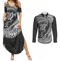 Hawaiian Turtle and Shark Couples Matching Summer Maxi Dress and Long Sleeve Button Shirt Kakau Tribal with Polynesian Pattern Black Color LT03 Black - Polynesian Pride