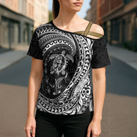 Hawaiian Turtle and Shark Cross Shoulder Shirt Kakau Tribal with Polynesian Pattern Black Color LT03 - Polynesian Pride