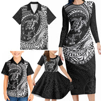 Hawaiian Turtle and Shark Family Matching Long Sleeve Bodycon Dress and Hawaiian Shirt Kakau Tribal with Polynesian Pattern Black Color LT03 - Polynesian Pride