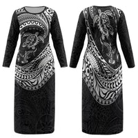 Hawaiian Turtle and Shark Family Matching Long Sleeve Bodycon Dress and Hawaiian Shirt Kakau Tribal with Polynesian Pattern Black Color LT03 Mom's Dress Black - Polynesian Pride