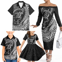 Hawaiian Turtle and Shark Family Matching Off The Shoulder Long Sleeve Dress and Hawaiian Shirt Kakau Tribal with Polynesian Pattern Black Color LT03 - Polynesian Pride