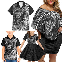 Hawaiian Turtle and Shark Family Matching Off Shoulder Short Dress and Hawaiian Shirt Kakau Tribal with Polynesian Pattern Black Color LT03 - Polynesian Pride
