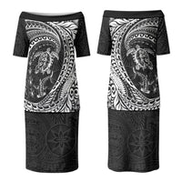 Hawaiian Turtle and Shark Family Matching Puletasi and Hawaiian Shirt Kakau Tribal with Polynesian Pattern Black Color LT03 Mom's Dress Black - Polynesian Pride