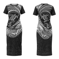 Hawaiian Turtle and Shark Family Matching Short Sleeve Bodycon Dress and Hawaiian Shirt Kakau Tribal with Polynesian Pattern Black Color LT03 Mom's Dress Black - Polynesian Pride
