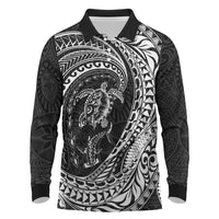 Hawaiian Turtle and Shark Long Sleeve Polo Shirt Kakau Tribal with Polynesian Pattern Black Color LT03 Black - Polynesian Pride