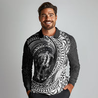 Hawaiian Turtle and Shark Long Sleeve Polo Shirt Kakau Tribal with Polynesian Pattern Black Color LT03 - Polynesian Pride