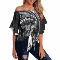 Hawaiian Turtle and Shark Off Shoulder Wrap Waist Top Kakau Tribal with Polynesian Pattern Black Color LT03 Black - Polynesian Pride