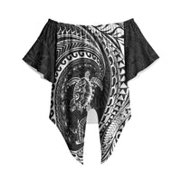 Hawaiian Turtle and Shark Off Shoulder Wrap Waist Top Kakau Tribal with Polynesian Pattern Black Color LT03 - Polynesian Pride