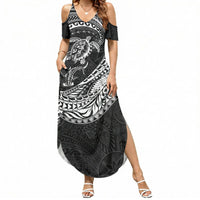 Hawaiian Turtle and Shark Summer Maxi Dress Kakau Tribal with Polynesian Pattern Black Color LT03 Women Black - Polynesian Pride