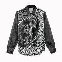 Hawaiian Turtle and Shark Women Casual Shirt Kakau Tribal with Polynesian Pattern Black Color LT03 - Polynesian Pride