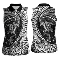Hawaiian Turtle and Shark Women Sleeveless Polo Shirt Kakau Tribal with Polynesian Pattern Black Color LT03 - Polynesian Pride
