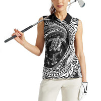 Hawaiian Turtle and Shark Women Sleeveless Polo Shirt Kakau Tribal with Polynesian Pattern Black Color LT03 - Polynesian Pride