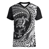 Hawaiian Turtle and Shark Women V-Neck T-Shirt Kakau Tribal with Polynesian Pattern Black Color LT03 Female Black - Polynesian Pride