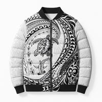 Hawaiian Turtle and Shark Bomber Puffer Jacket Kakau Tribal with Polynesian Pattern White Color LT03 Unisex White - Polynesian Pride