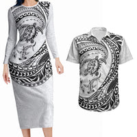 Hawaiian Turtle and Shark Couples Matching Long Sleeve Bodycon Dress and Hawaiian Shirt Kakau Tribal with Polynesian Pattern White Color LT03 White - Polynesian Pride