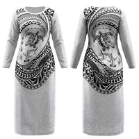 Hawaiian Turtle and Shark Couples Matching Long Sleeve Bodycon Dress and Hawaiian Shirt Kakau Tribal with Polynesian Pattern White Color LT03 - Polynesian Pride
