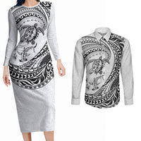 Hawaiian Turtle and Shark Couples Matching Long Sleeve Bodycon Dress and Long Sleeve Button Shirt Kakau Tribal with Polynesian Pattern White Color LT03 White - Polynesian Pride