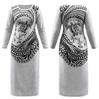 Hawaiian Turtle and Shark Couples Matching Long Sleeve Bodycon Dress and Long Sleeve Button Shirt Kakau Tribal with Polynesian Pattern White Color LT03 - Polynesian Pride
