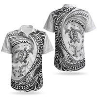 Hawaiian Turtle and Shark Couples Matching Off Shoulder Short Dress and Hawaiian Shirt Kakau Tribal with Polynesian Pattern White Color LT03 - Polynesian Pride