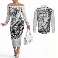 Hawaiian Turtle and Shark Couples Matching Off The Shoulder Long Sleeve Dress and Long Sleeve Button Shirt Kakau Tribal with Polynesian Pattern White Color LT03 White - Polynesian Pride