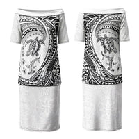 Hawaiian Turtle and Shark Couples Matching Puletasi and Long Sleeve Button Shirt Kakau Tribal with Polynesian Pattern White Color LT03 - Polynesian Pride