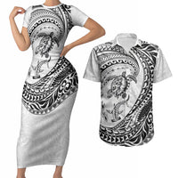 Hawaiian Turtle and Shark Couples Matching Short Sleeve Bodycon Dress and Hawaiian Shirt Kakau Tribal with Polynesian Pattern White Color LT03 White - Polynesian Pride