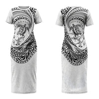 Hawaiian Turtle and Shark Couples Matching Short Sleeve Bodycon Dress and Hawaiian Shirt Kakau Tribal with Polynesian Pattern White Color LT03 - Polynesian Pride