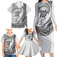 Hawaiian Turtle and Shark Family Matching Long Sleeve Bodycon Dress and Hawaiian Shirt Kakau Tribal with Polynesian Pattern White Color LT03 - Polynesian Pride