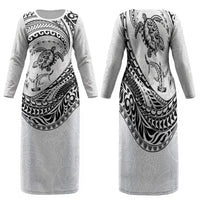 Hawaiian Turtle and Shark Family Matching Long Sleeve Bodycon Dress and Hawaiian Shirt Kakau Tribal with Polynesian Pattern White Color LT03 Mom's Dress White - Polynesian Pride