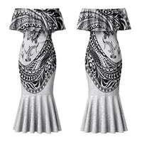Hawaiian Turtle and Shark Family Matching Mermaid Dress and Hawaiian Shirt Kakau Tribal with Polynesian Pattern White Color LT03 Mom's Dress White - Polynesian Pride