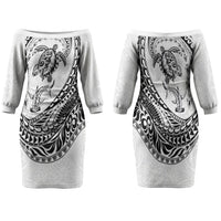 Hawaiian Turtle and Shark Family Matching Off The Shoulder Long Sleeve Dress and Hawaiian Shirt Kakau Tribal with Polynesian Pattern White Color LT03 Mom's Dress White - Polynesian Pride