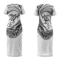 Hawaiian Turtle and Shark Family Matching Short Sleeve Bodycon Dress and Hawaiian Shirt Kakau Tribal with Polynesian Pattern White Color LT03 Mom's Dress White - Polynesian Pride