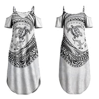 Hawaiian Turtle and Shark Family Matching Summer Maxi Dress and Hawaiian Shirt Kakau Tribal with Polynesian Pattern White Color LT03 Mom's Dress White - Polynesian Pride