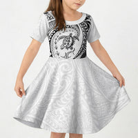 Hawaiian Turtle and Shark Kid Short Sleeve Dress Kakau Tribal with Polynesian Pattern White Color LT03 KID White - Polynesian Pride