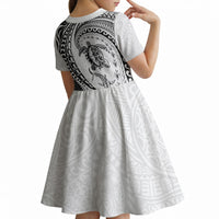 Hawaiian Turtle and Shark Kid Short Sleeve Dress Kakau Tribal with Polynesian Pattern White Color LT03 - Polynesian Pride