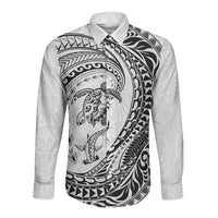 Hawaiian Turtle and Shark Long Sleeve Button Shirt Kakau Tribal with Polynesian Pattern White Color LT03 Unisex White - Polynesian Pride