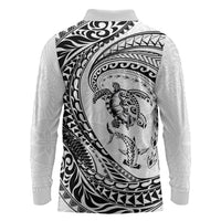 Hawaiian Turtle and Shark Long Sleeve Polo Shirt Kakau Tribal with Polynesian Pattern White Color LT03 - Polynesian Pride