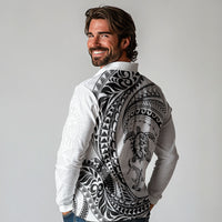 Hawaiian Turtle and Shark Long Sleeve Polo Shirt Kakau Tribal with Polynesian Pattern White Color LT03 - Polynesian Pride