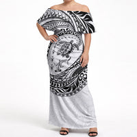 Hawaiian Turtle and Shark Off Shoulder Maxi Dress Kakau Tribal with Polynesian Pattern White Color LT03 Women White - Polynesian Pride