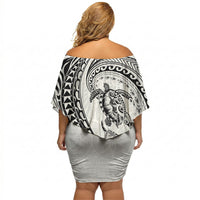 Hawaiian Turtle and Shark Off Shoulder Short Dress Kakau Tribal with Polynesian Pattern White Color LT03 - Polynesian Pride