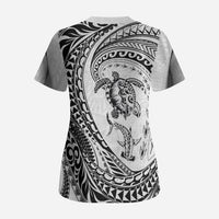 Hawaiian Turtle and Shark Scrub Top Kakau Tribal with Polynesian Pattern White Color LT03 - Polynesian Pride