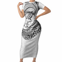 Hawaiian Turtle and Shark Short Sleeve Bodycon Dress Kakau Tribal with Polynesian Pattern White Color LT03 Long Dress White - Polynesian Pride
