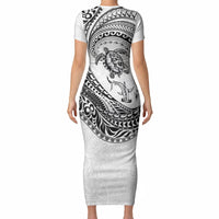 Hawaiian Turtle and Shark Short Sleeve Bodycon Dress Kakau Tribal with Polynesian Pattern White Color LT03 - Polynesian Pride