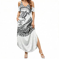 Hawaiian Turtle and Shark Summer Maxi Dress Kakau Tribal with Polynesian Pattern White Color LT03 Women White - Polynesian Pride