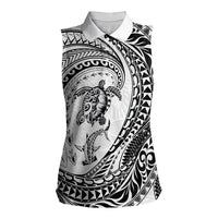 Hawaiian Turtle and Shark Women Sleeveless Polo Shirt Kakau Tribal with Polynesian Pattern White Color LT03 Female White - Polynesian Pride