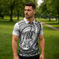 Hawaiian Turtle and Shark Zipper Polo Shirt Kakau Tribal with Polynesian Pattern White Color LT03 - Polynesian Pride