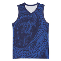 Hawaiian Turtle and Shark Basketball Jersey Kakau Tribal with Polynesian Pattern Blue Color LT03 Unisex Blue - Polynesian Pride