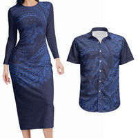 Hawaiian Turtle and Shark Couples Matching Long Sleeve Bodycon Dress and Hawaiian Shirt Kakau Tribal with Polynesian Pattern Blue Color LT03 Blue - Polynesian Pride